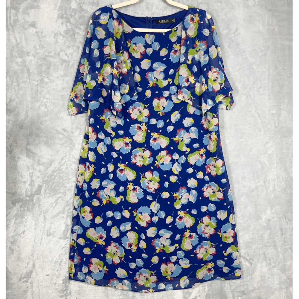Lauren Ralph Lauren Womens Sheath Midi Dress 16 Blue Floral Chiffon Cape Sleeve